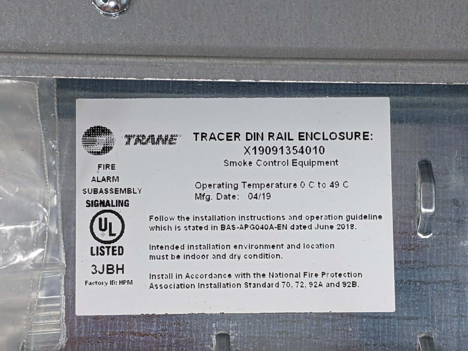 TRANE Din Rail Enclosure – Smoke Control Equipment – X19091354010