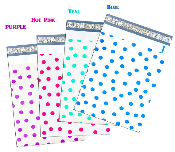 12″ x 15″ Designer Poly Mailers, Pink,Teal, Polka Dots,Hearts Flat Shipping Bags