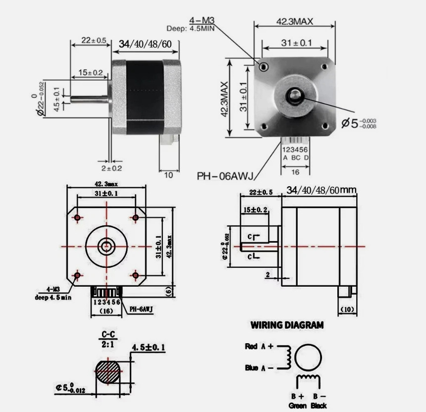 NEMA17 42mm Open-Loop Stepper Motor, 2-Phase 1.8°, 0.42Nm, Suitable for Printer