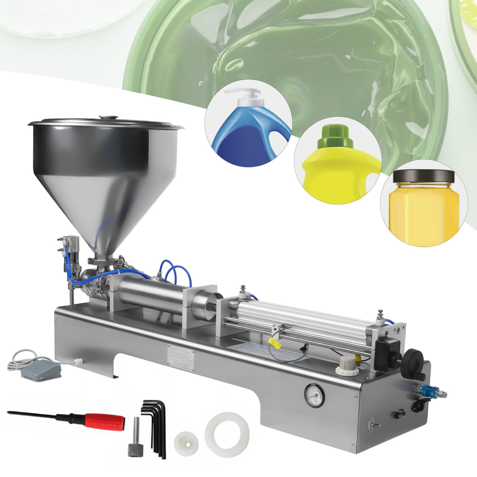 100-600ml Pneumatic Liquid Paste Filling Machine Piston Bottle Filler 40L Hopper