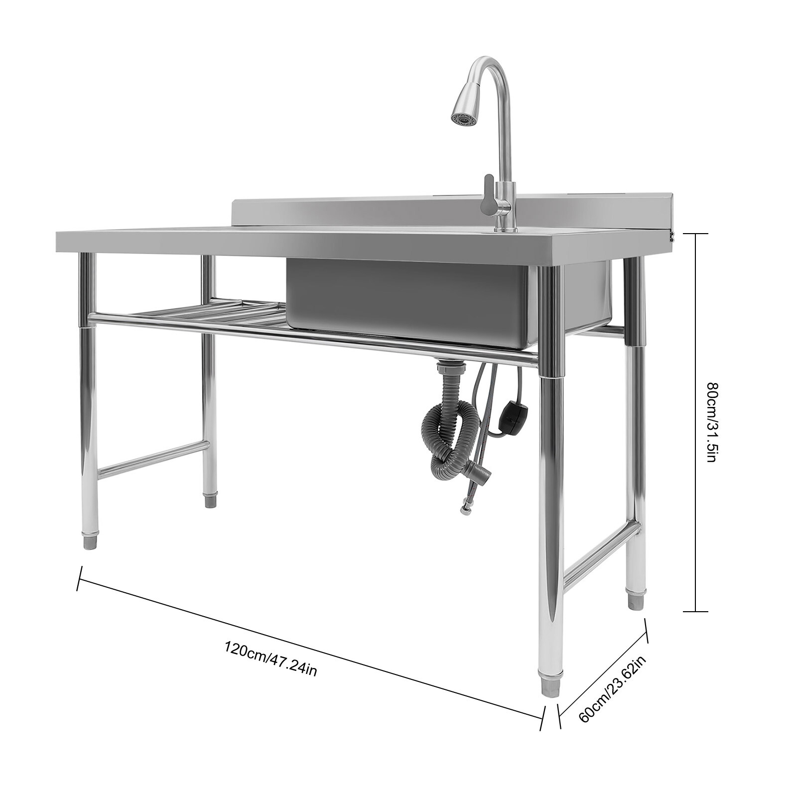 1 Compartment Kitchen Sink Prep Table With 360°Faucet Commercial Stainless Steel