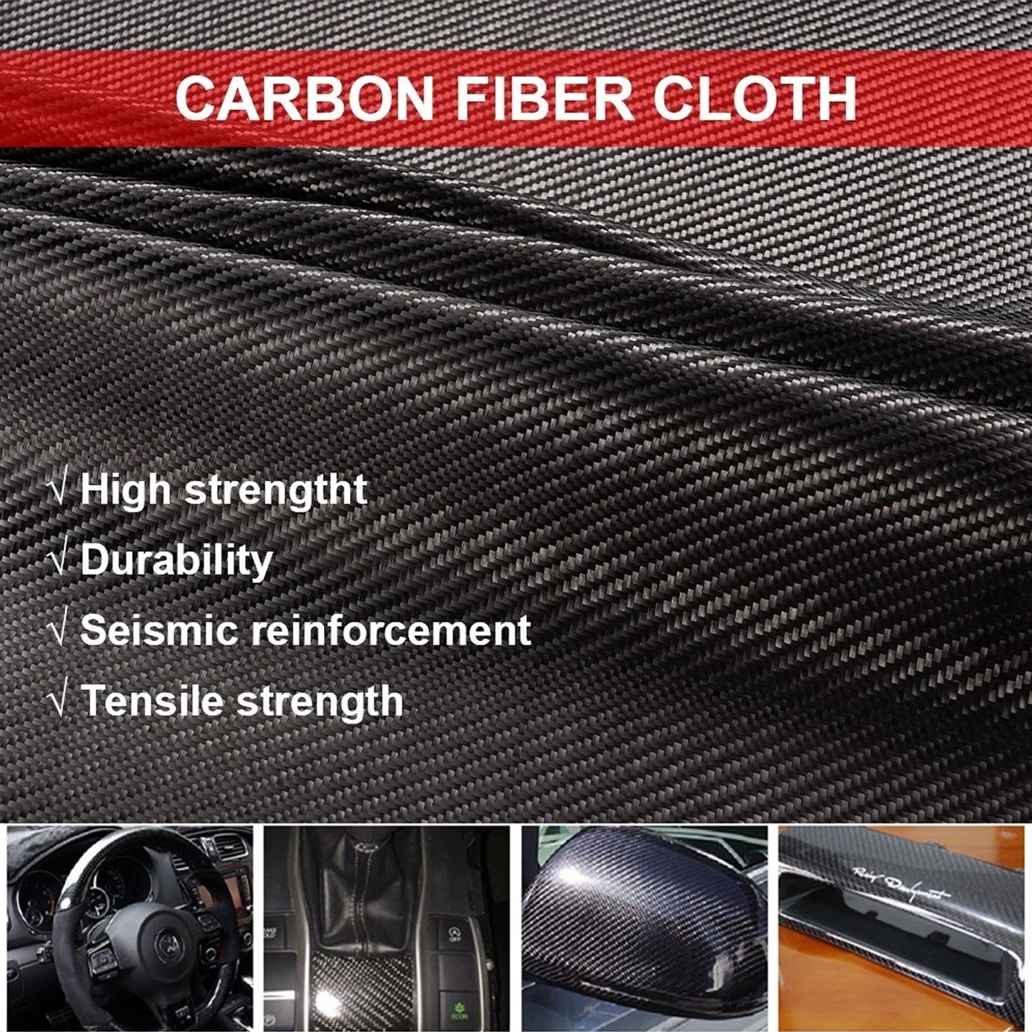 50 x 100CM Pure Carbon Fiber Fabric Cloth Roll 3k 200gsm 2×2 Twill Weave Black