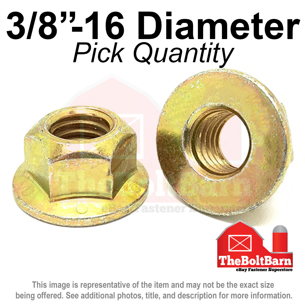 3/8″-16 Grade 8 (G) Hex Flange Top Lock Nuts Coarse Zinc Yellow (Pick Quantity)