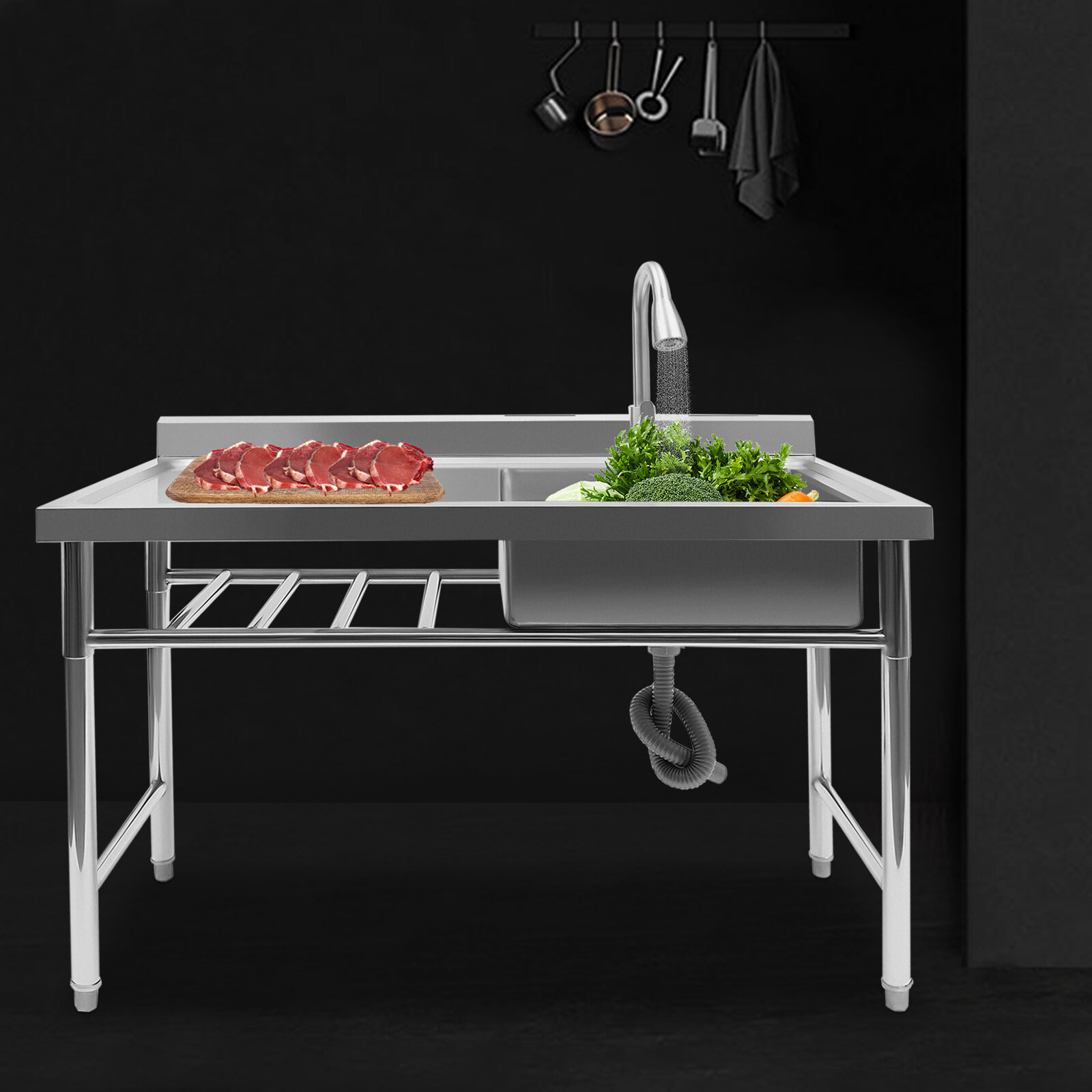 1 Compartment Kitchen Sink Prep Table With 360°Faucet Commercial Stainless Steel