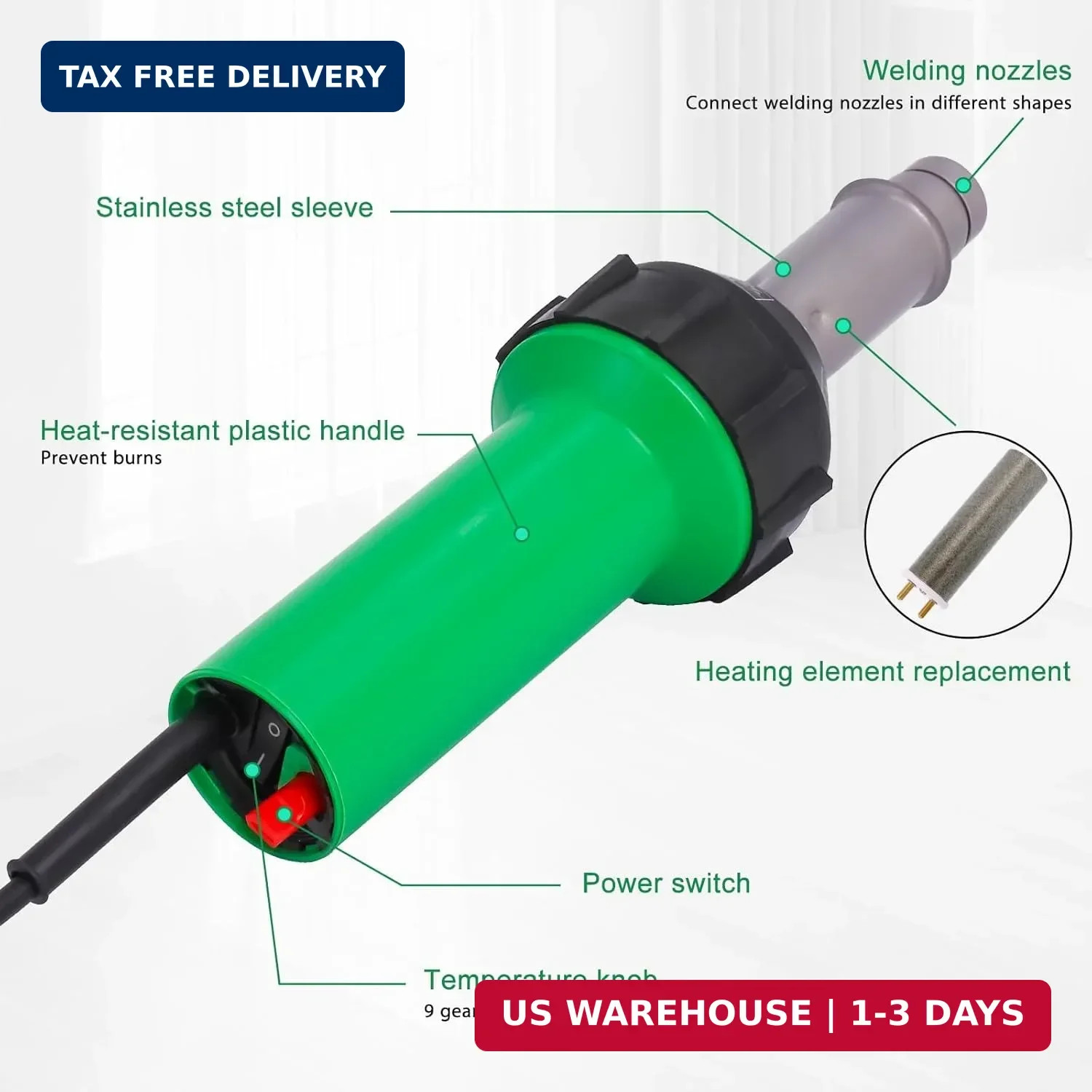 1600W Plastic Welder Kit, 100V Hot Air Welding Gun with Adjustable Temperature