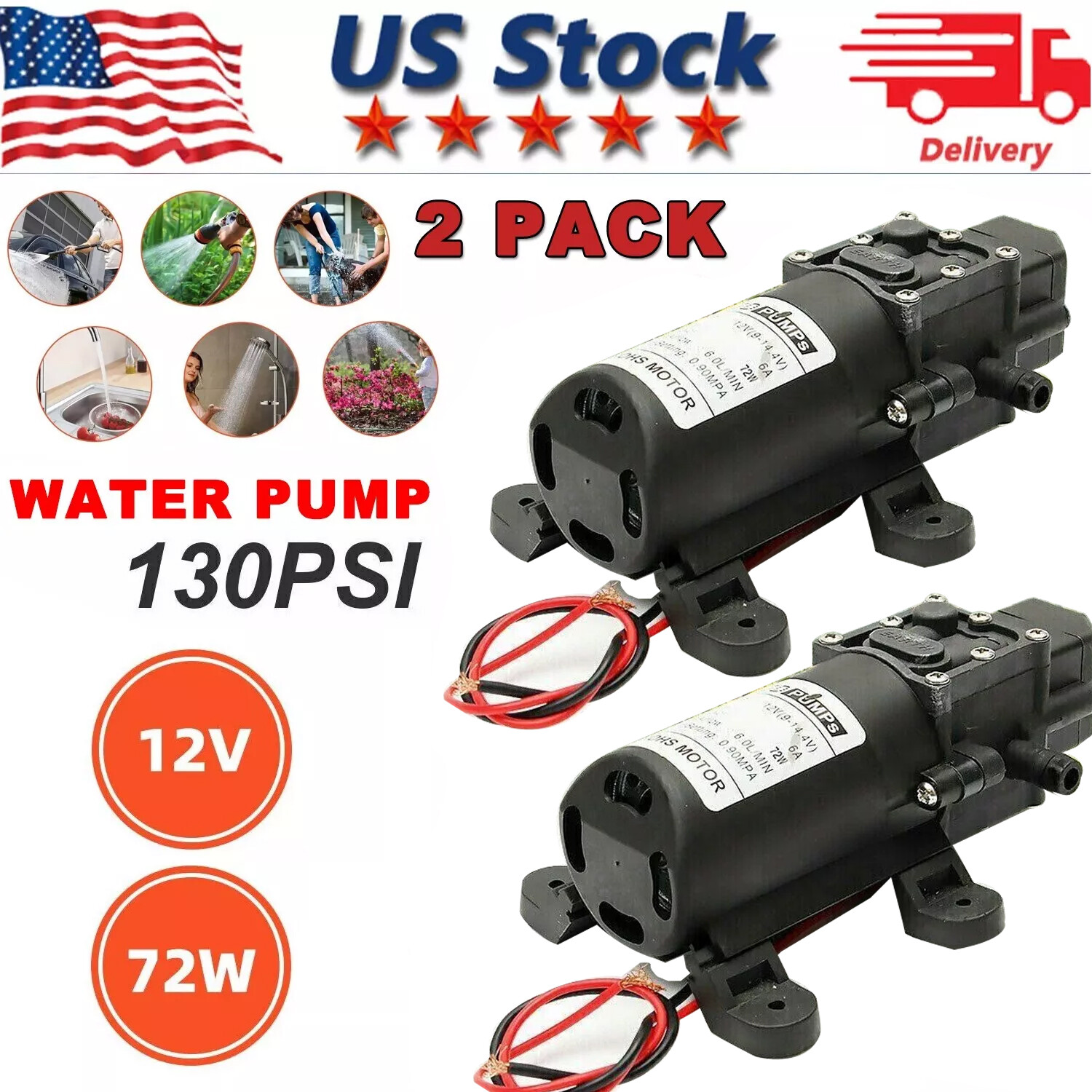 2Pack 12V Water Pump 130PSI Self Priming Pump Diaphragm High Pressure Switch