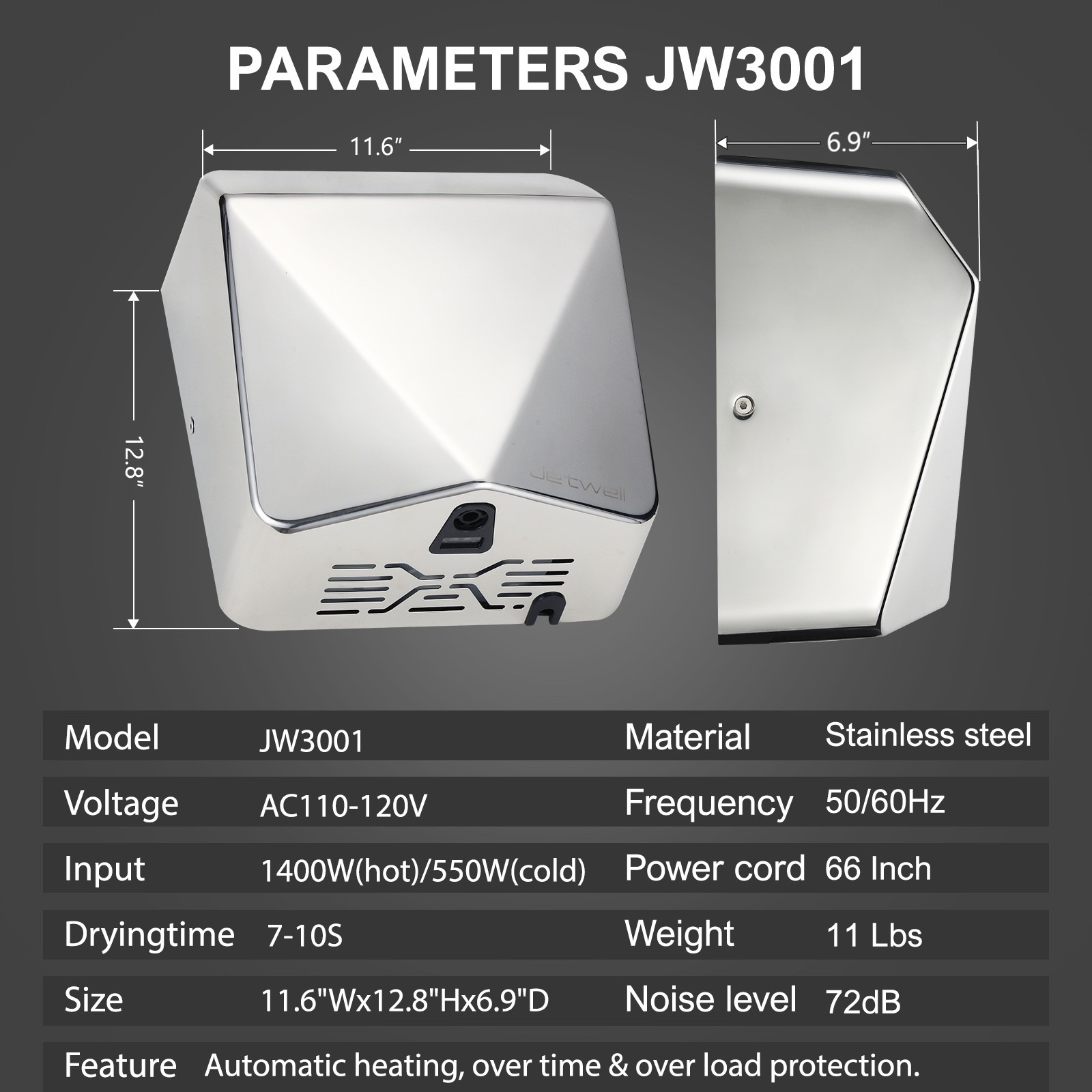 2Pack JETWELL Upgrade HEPA Filter HighSpeed StainlessSteel Coml Auto Hand Dryer