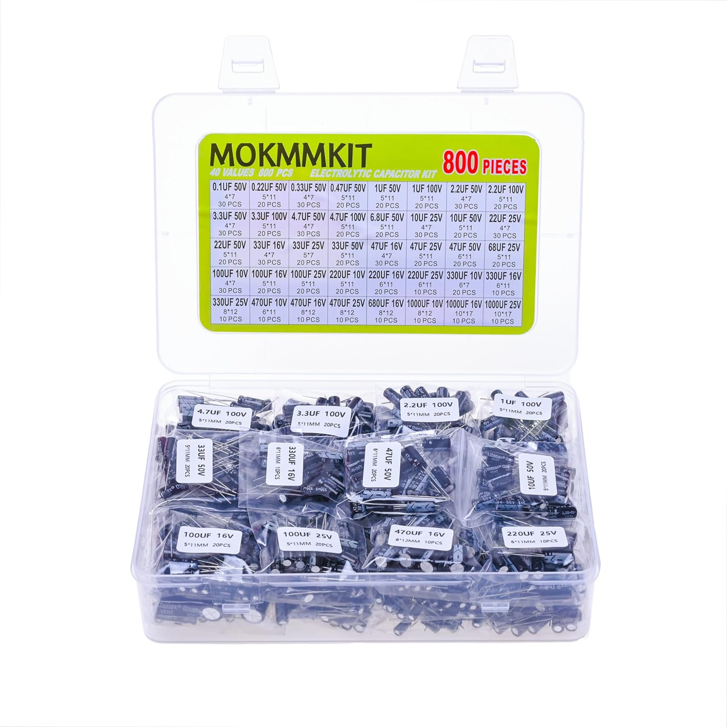 40 Values 800 Pieces, 0.1Uf-1000Uf, 10V 16V 25V 50V 100V, Electrolytic Capacitor