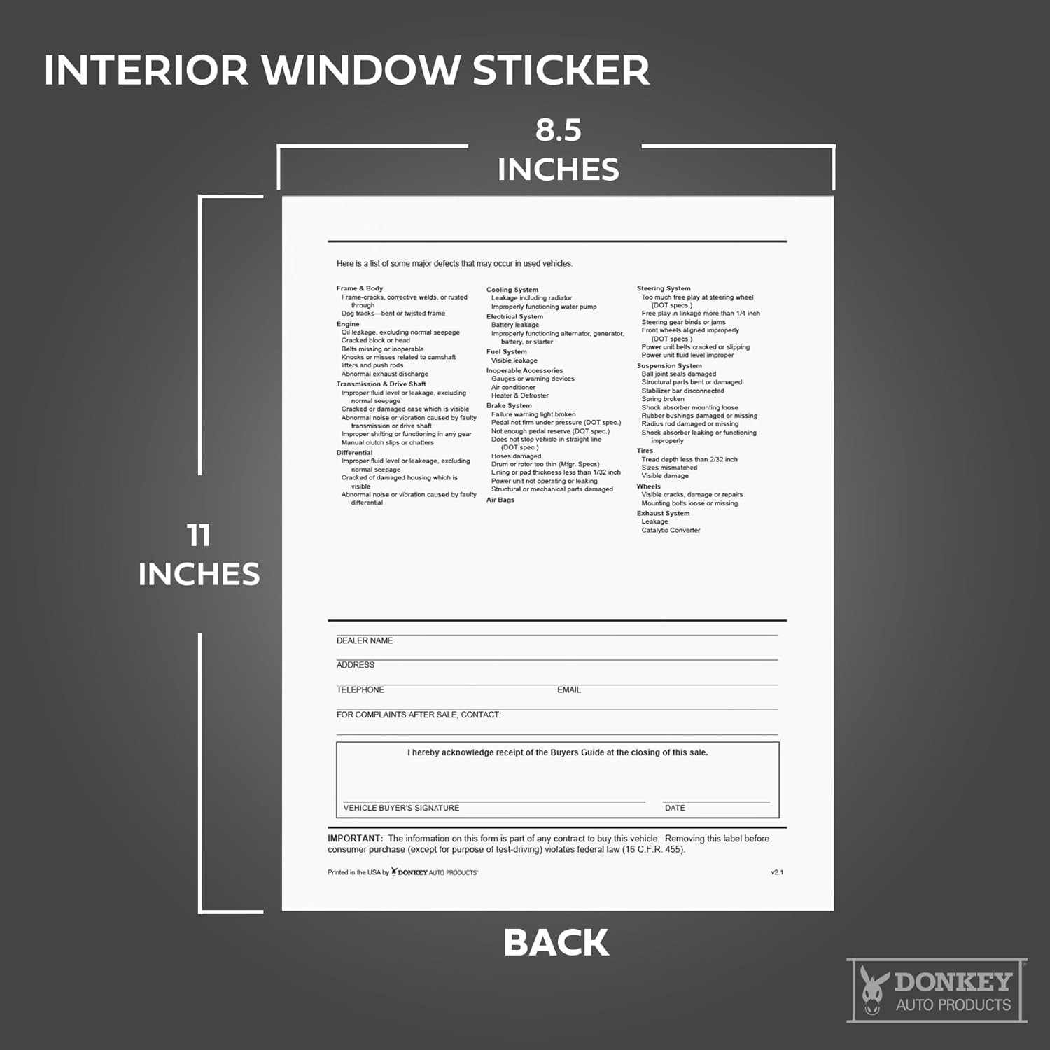 1-Part Self-Adhesive Buyers Guide Form – Blank Front – Text on Back – Letter Siz