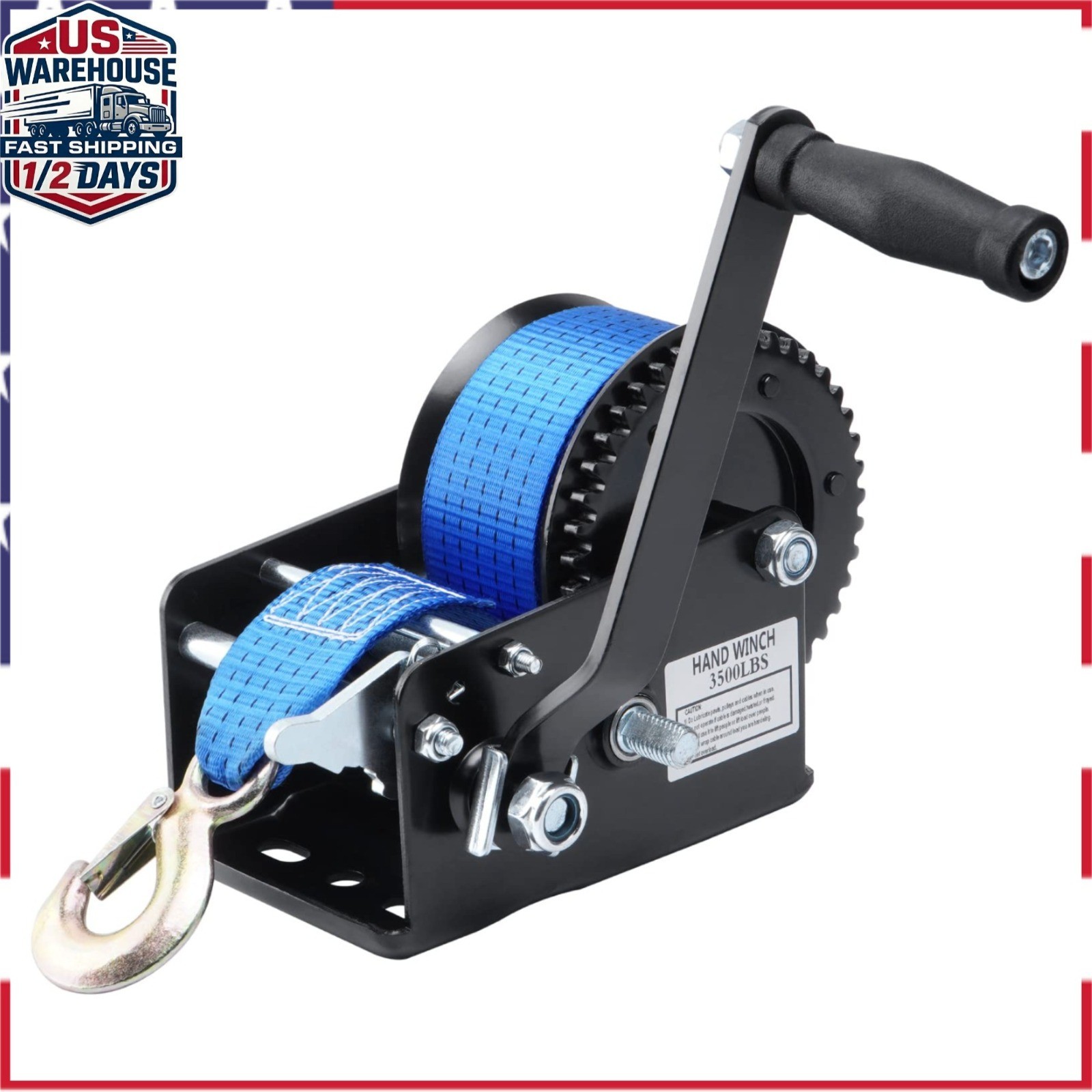 SPARKWHIZ 3500lbs Hand Winch with 33ft Polyester Strap for Boat Trailer