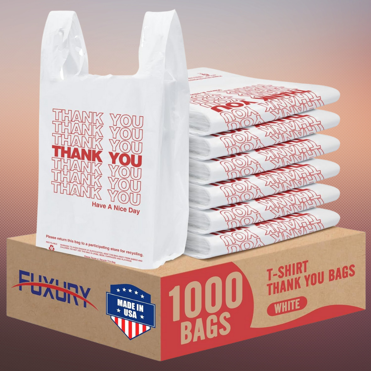 1000 Thank You T-Shirt Bags 12″ x 6.5″ x 21″, Plastic Grocery Shopping Bags