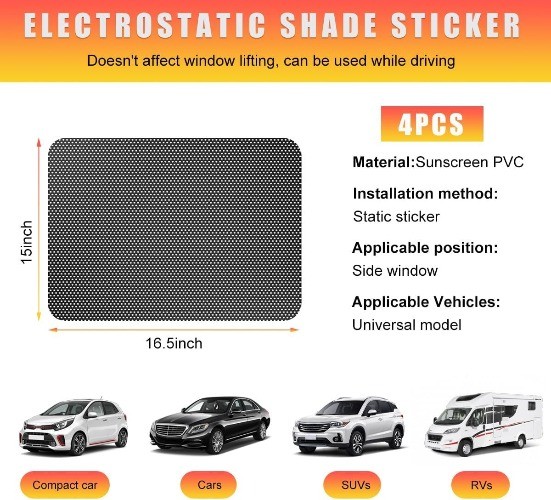 4 PCS Static Cling Car Side Window Sunshades, 16.5″×15″ Reusable Window Film fo