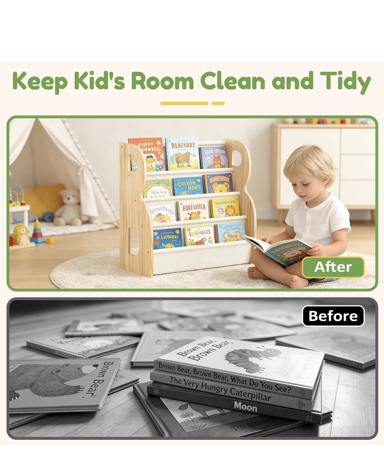 Xiaz Child Book Shelf Wooden Montessori Toddler Solid Pine B-Frame Book Shelf