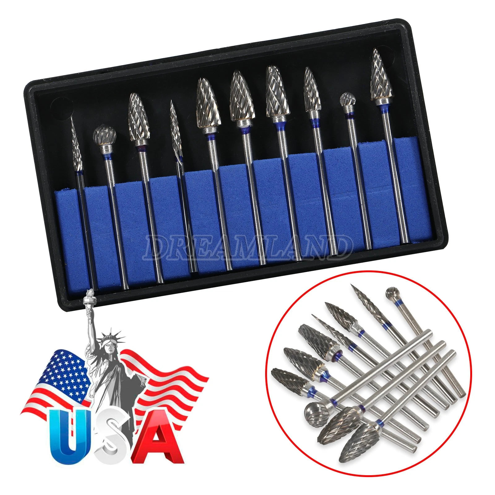 10Pcs Dental Lab Polishing Bur Drills Tungsten Steel Carbide Burs 2.35MM HP
