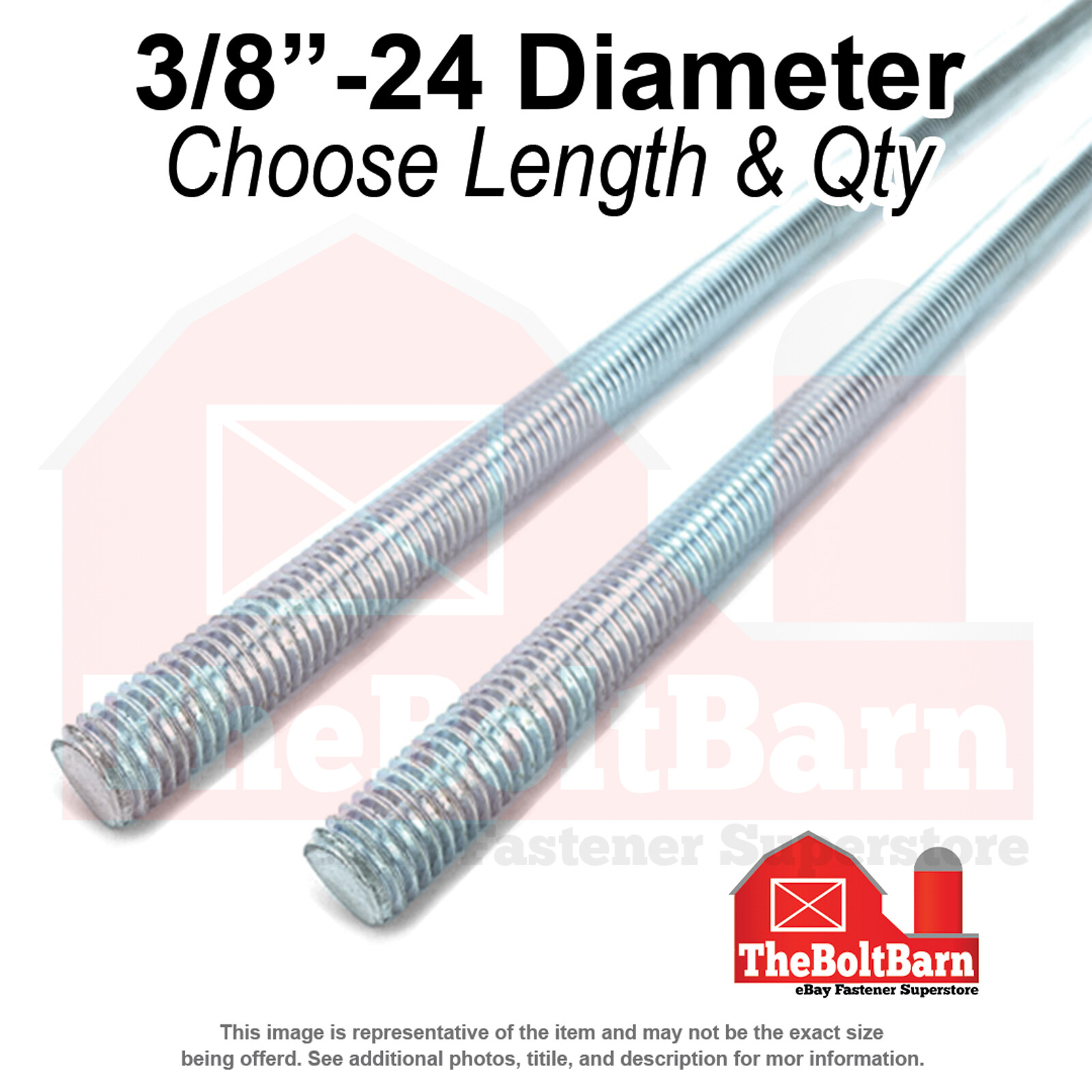 3/8″-24 Fully Threaded Rod Fine Thread Zinc Clear (Choose Length & Qty)