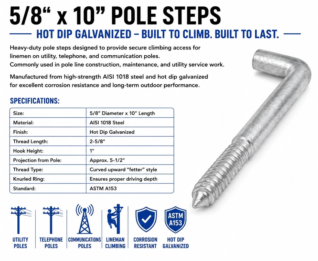 (Qty.10) 5/8″ x 10″ Pole Step Hot Dip Galvanized Poleline Hardware