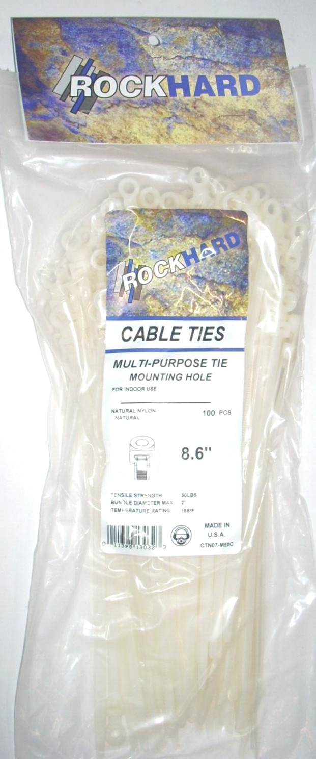 Rock Hard CTN07-M50C White Cable Ties 8.6 in Long 50 lb Capacity USA Made 100pk