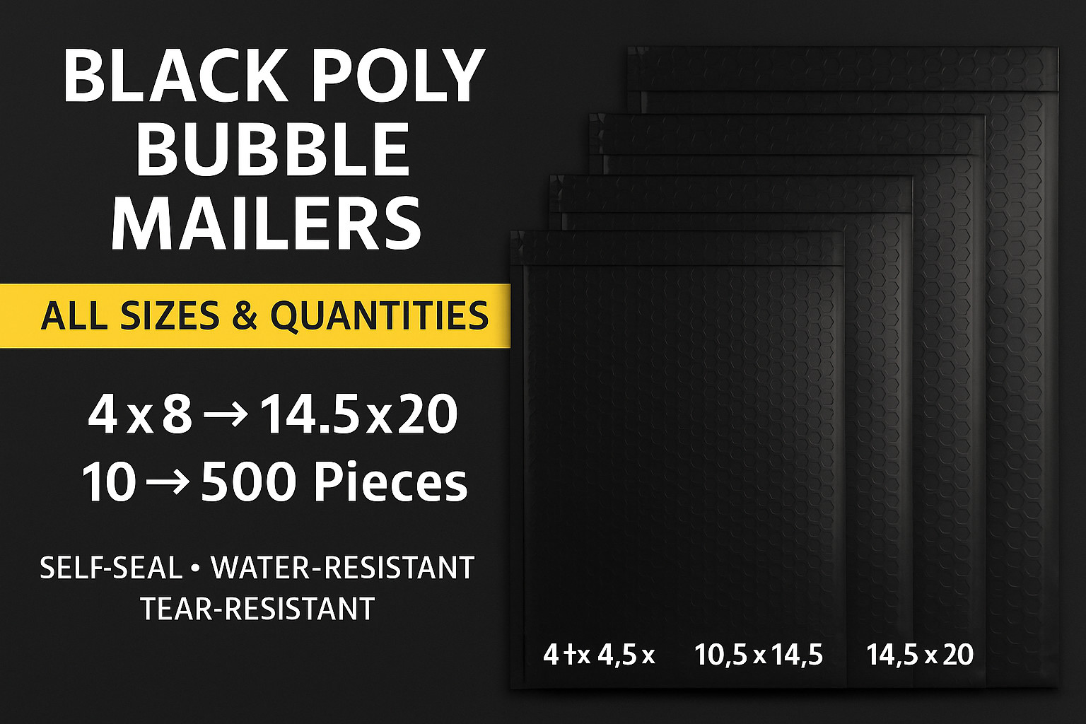 Black Poly Bubble Mailers | 10-500 Pcs | Padded Self Seal Envelopes (4×8–14.5×20