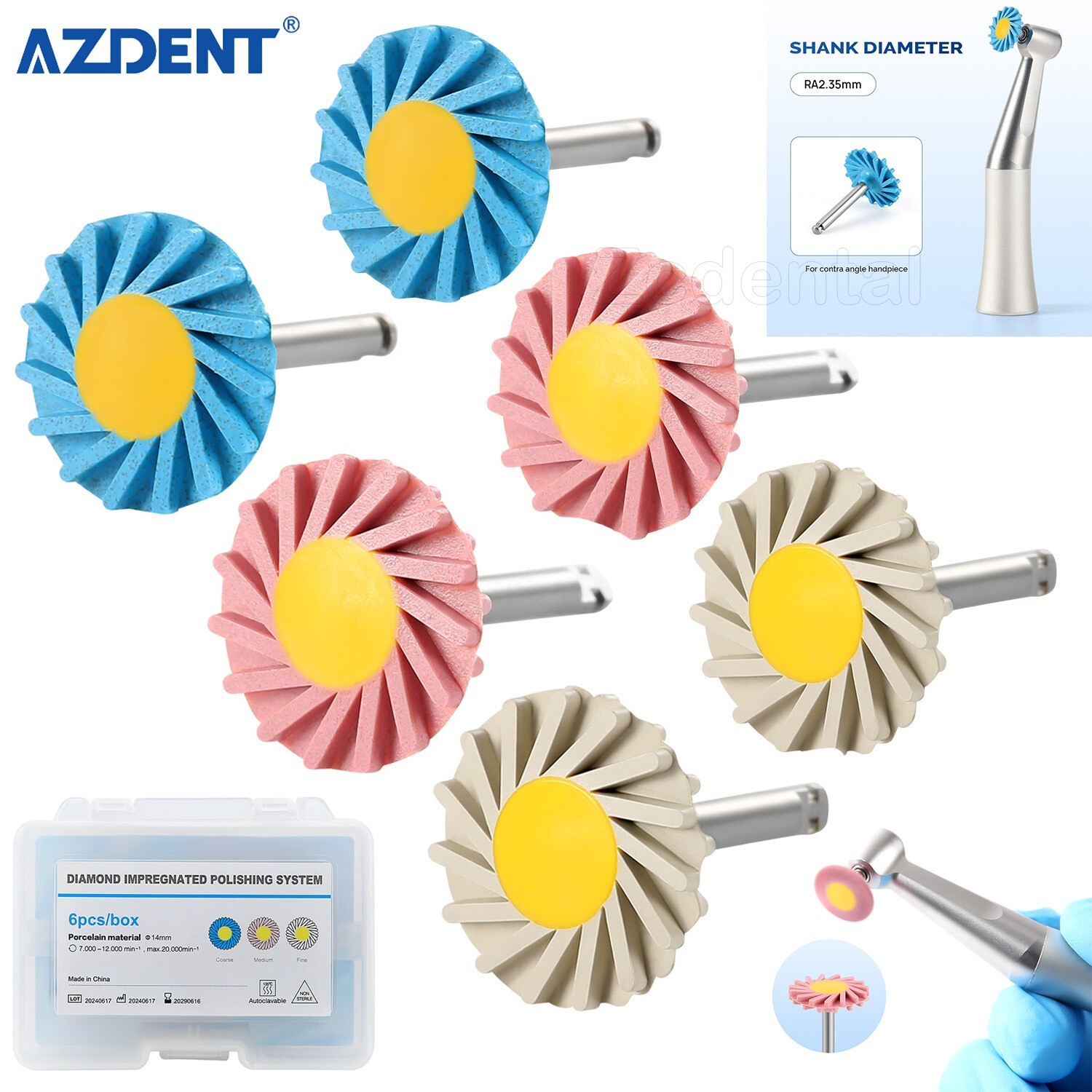 Dental Porcelain Zirconia Grinding Polishing Wheel Kit RA 2.35mm Rubber Diamond