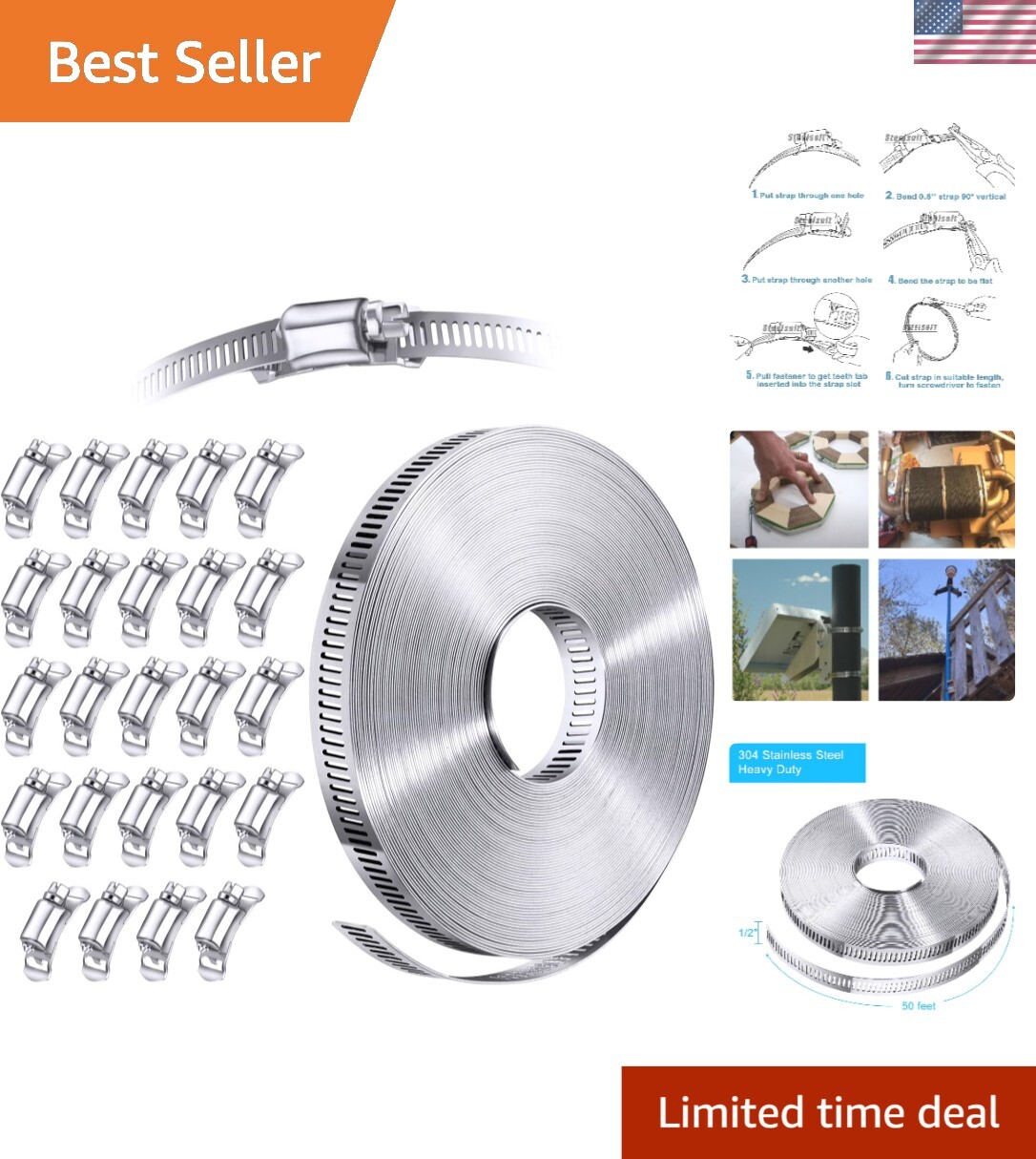 304 Stainless Steel Cut-To-Fit Hose Clamp Kit – 50 FT + 24 Adjustable Fasteners