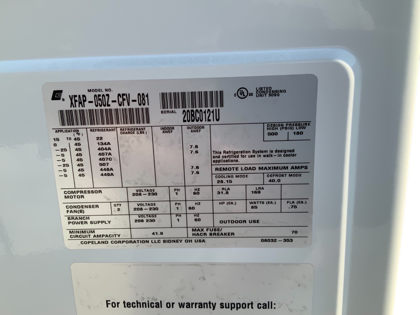 Copeland 5 HP Scroll Condensing Unit XFAP-050Z-CFV-081 208-230V Walk-In Cooler