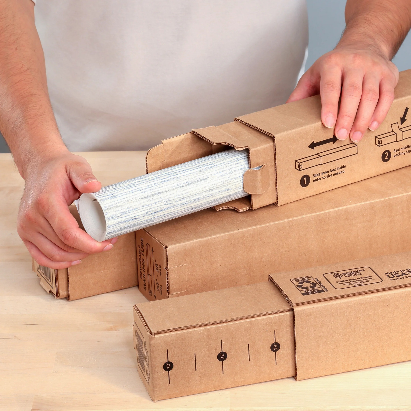 Corrugated Telescoping Square Mailing & Shipping Tube, (20”- 38″ X 2.5” X 2.5”),
