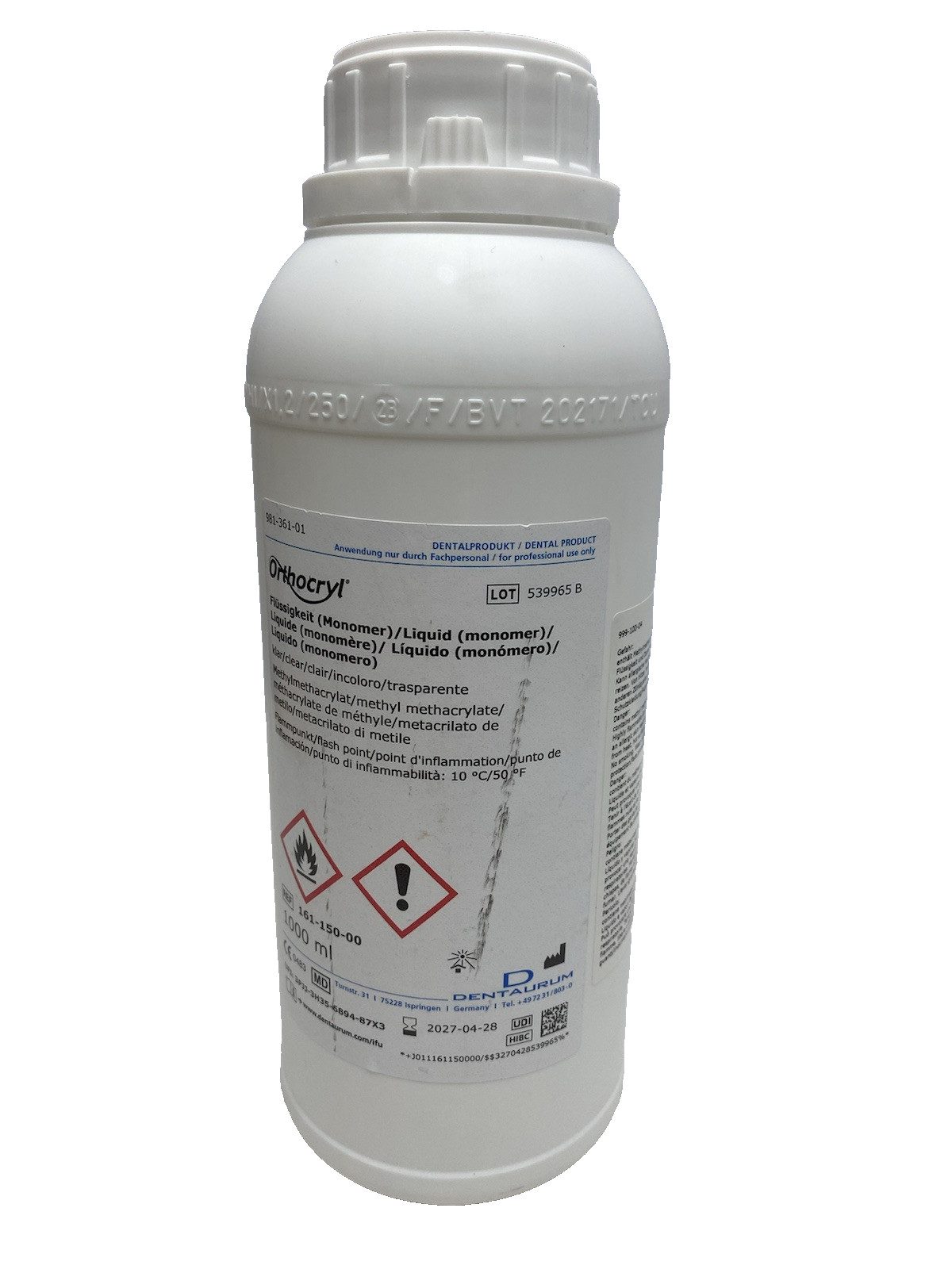 161-150-00 Orthocryl Liquid Monomer 1000ml Clear Acrylic Resin