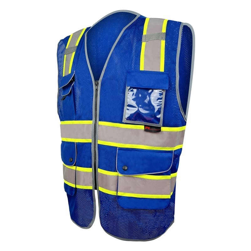 FX Class2 Hi-Vis Reflective Safety Vests with 6 Pockets and Zipper Front Blue .