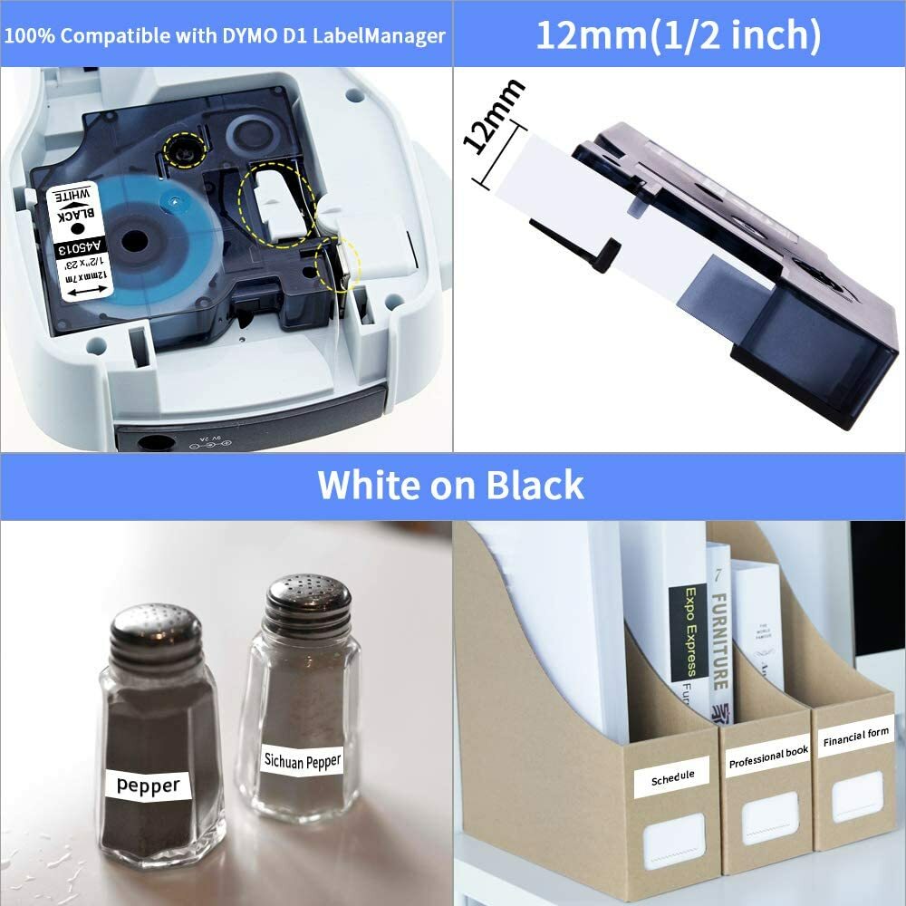5X 45013 S0720530 Label Tape Compatible for Dymo 12mm Black on White Waterproof