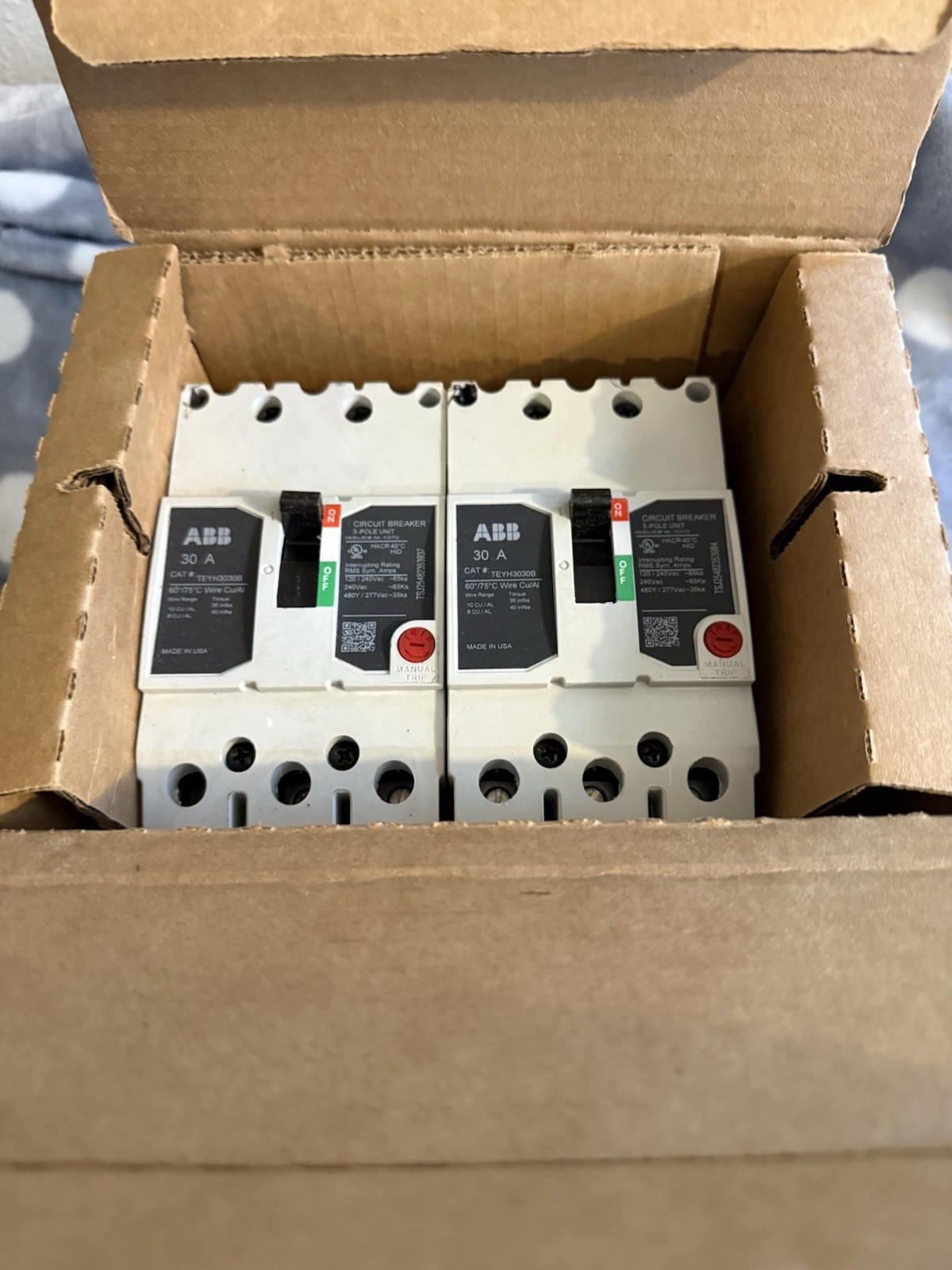 ABB TEYH3030B Molded Case Circuit Breaker 3P 30A 480Vac Bolt-On 2-Pack