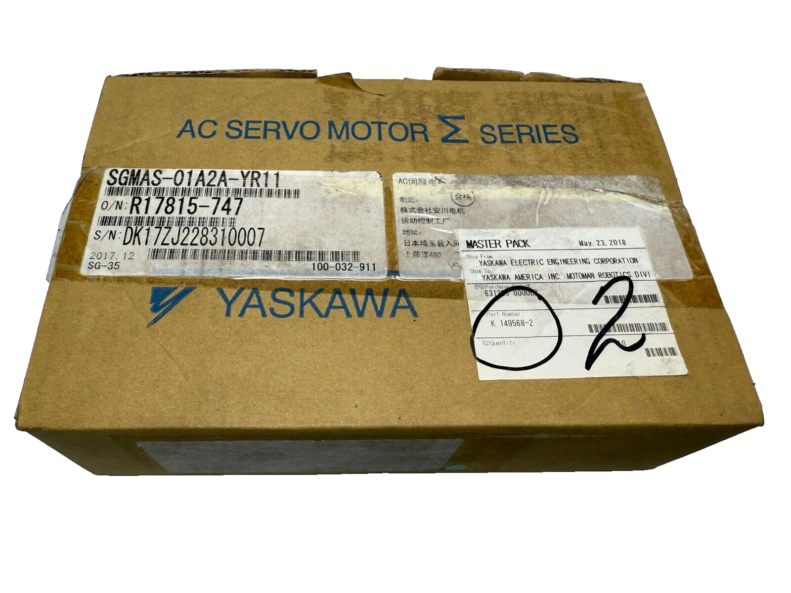 YASKAWA SGMAS-01A2A-YR11 – Servo Motor, AC Servo, 100W, Sigma III