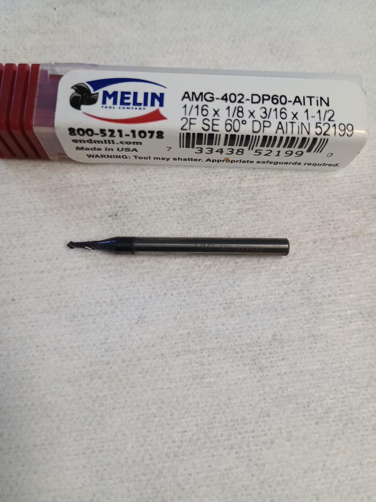 Carbide 1/16″ dia. x 60 deg Drill PointEnd Mill (drill/mill) 2 Flute AITiN USA
