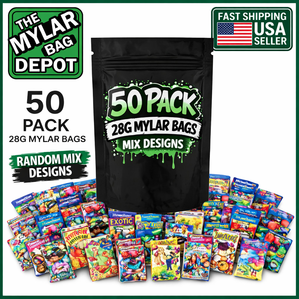 50 Pack 28g Mylar Bags Assorted Designs Smell Proof 1oz Resealable Zip Pouches