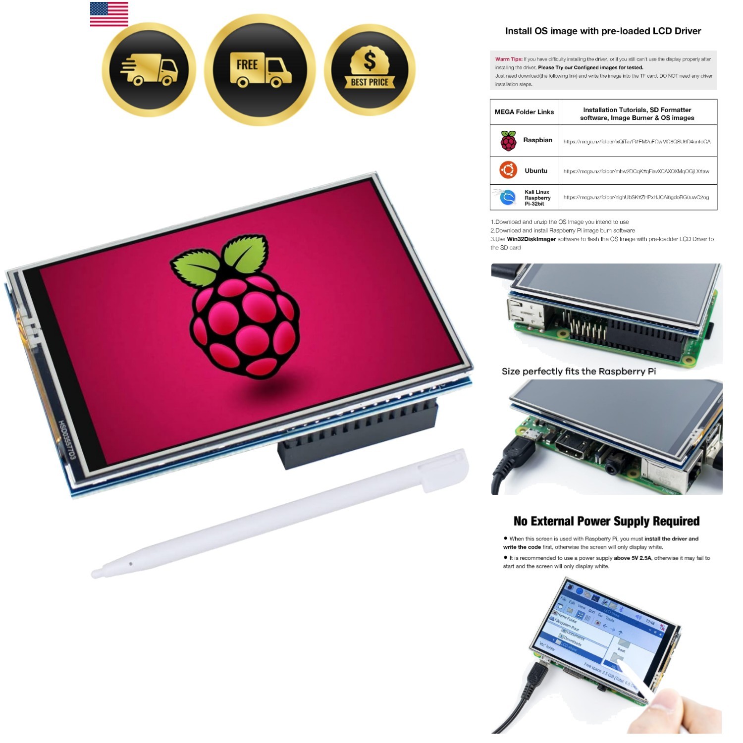 3.5 Inch 480×320 Touch Screen TFT LCD SPI Display Panel for Raspberry Pi B, B…