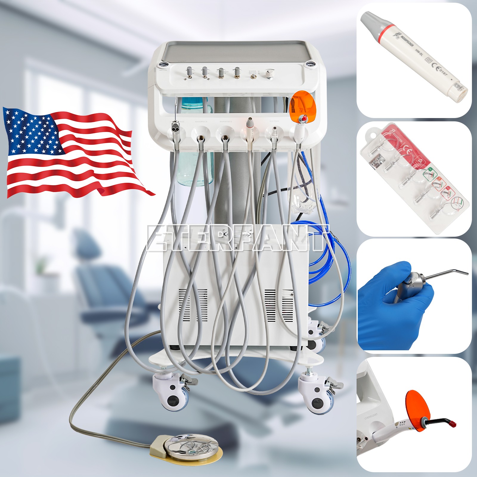 B050 Portable Mobile Dental Delivery Unit System 4 Holes+Air Compressor+Suction