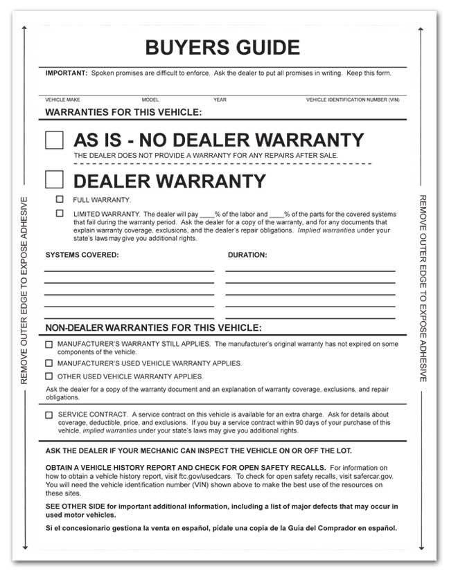 1-Part Peel-N-Seal Buyers Guides – As Is / Warranty (100 per pack)
