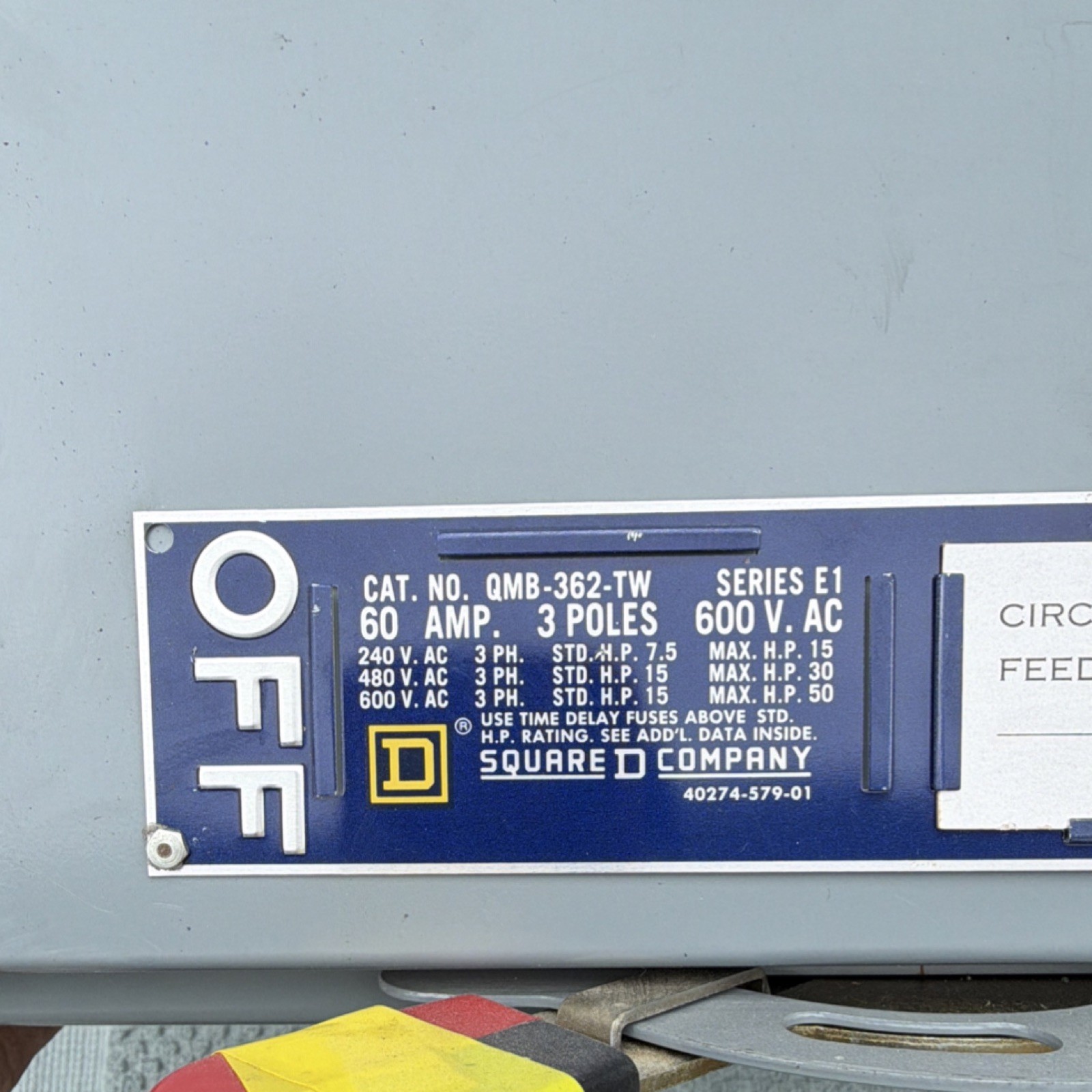 Square D QMB-362-TW Heavy Duty 60A 600V AC 3-Pole Load Break Switch