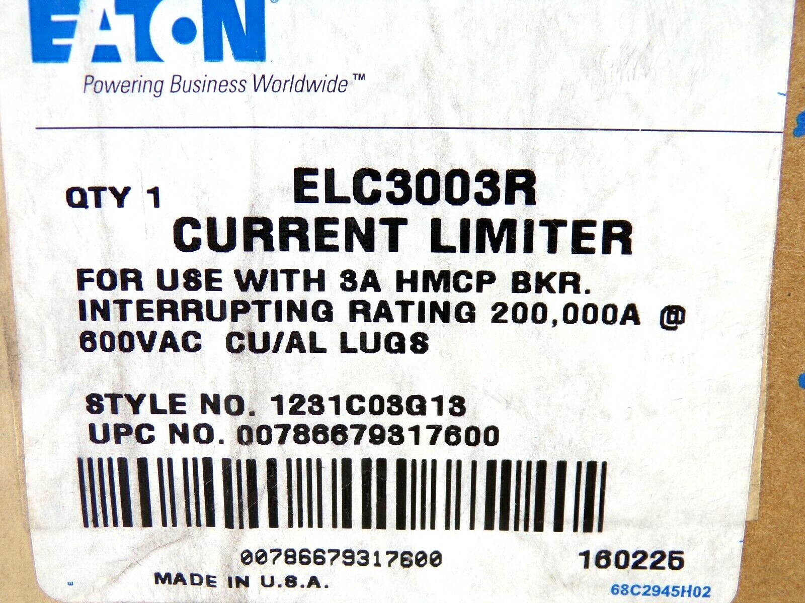 SEALED Eaton ELC3003R Current Limiter Assembly, Molded Case, 3-Pole, 3Amp, 600V