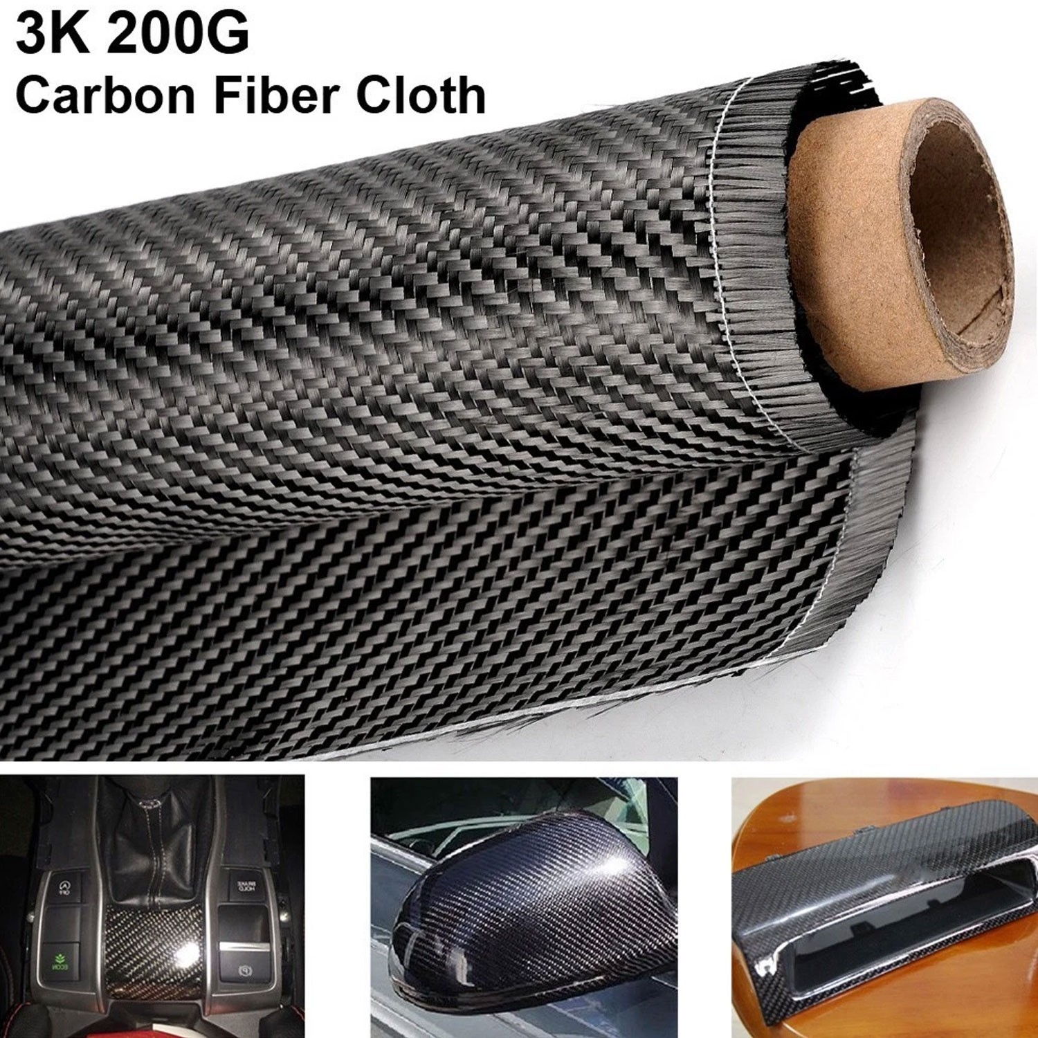 50 x 100CM Pure Carbon Fiber Fabric Cloth Roll 3k 200gsm 2×2 Twill Weave Black