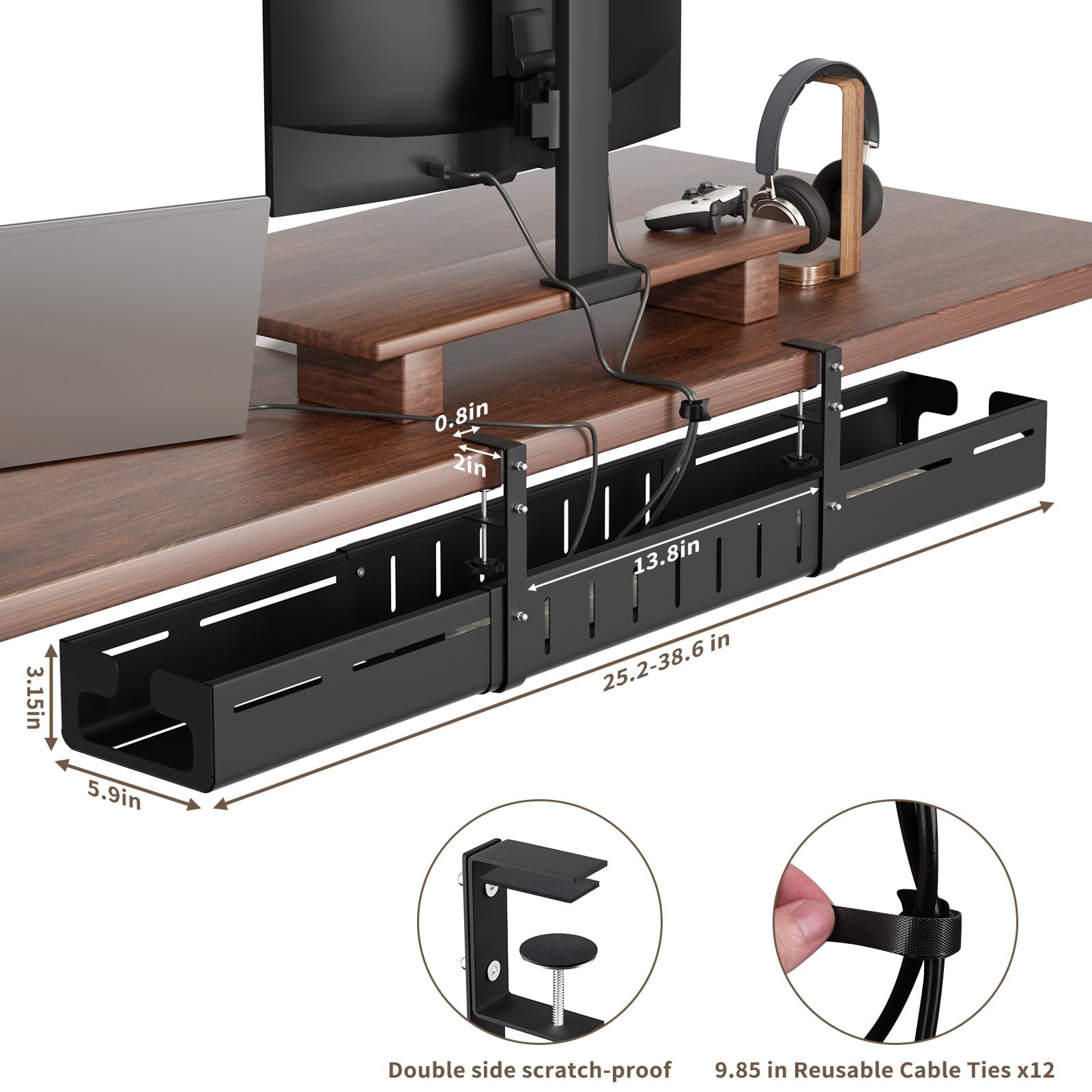 Sureup9 Under Desk Cable Management Tray Expandable 25.238.6 Heavy Duty Carbon