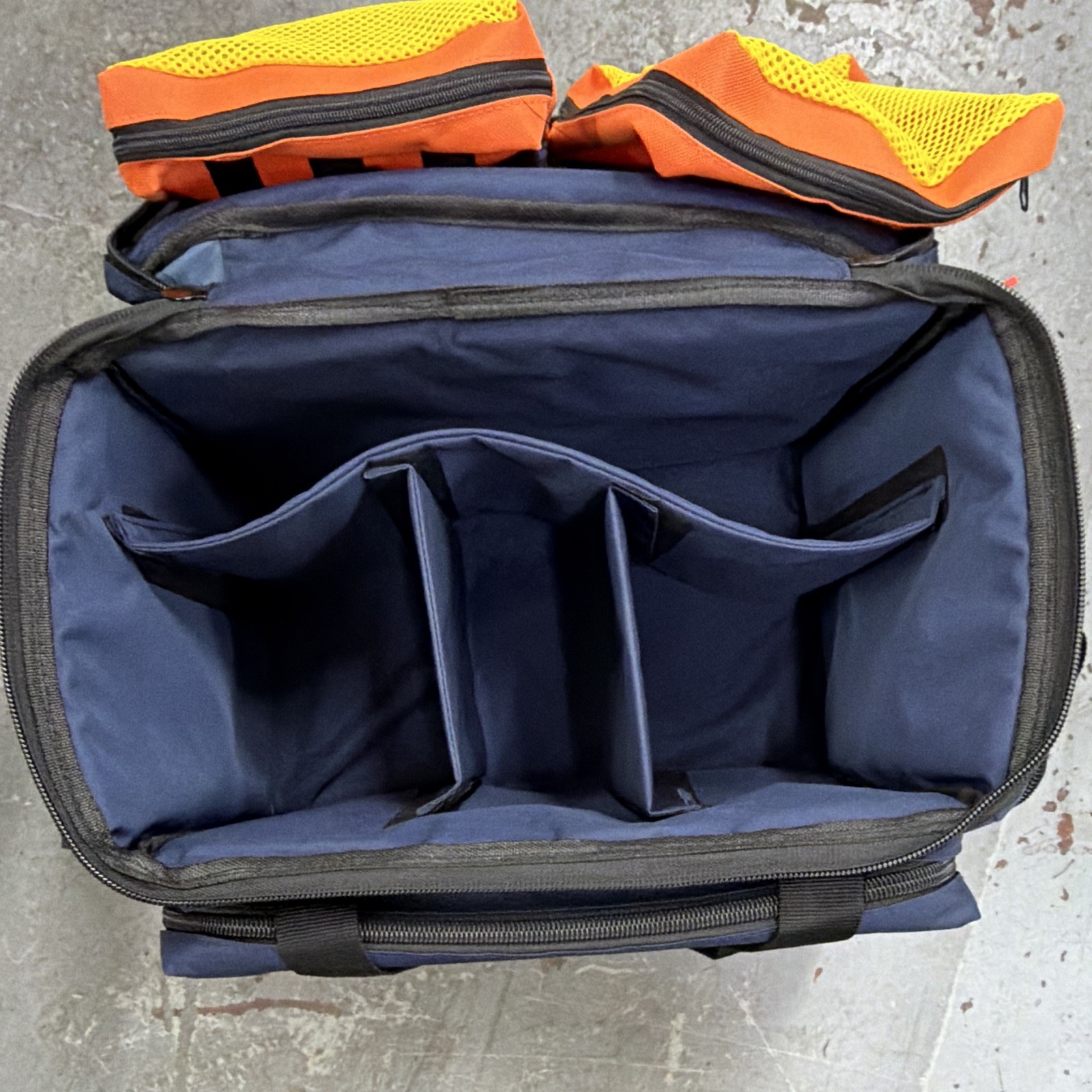Blue EMS/Trauma First Aid Bag w/ Shoulder Strap, Dividers, 2 Orange Pouches