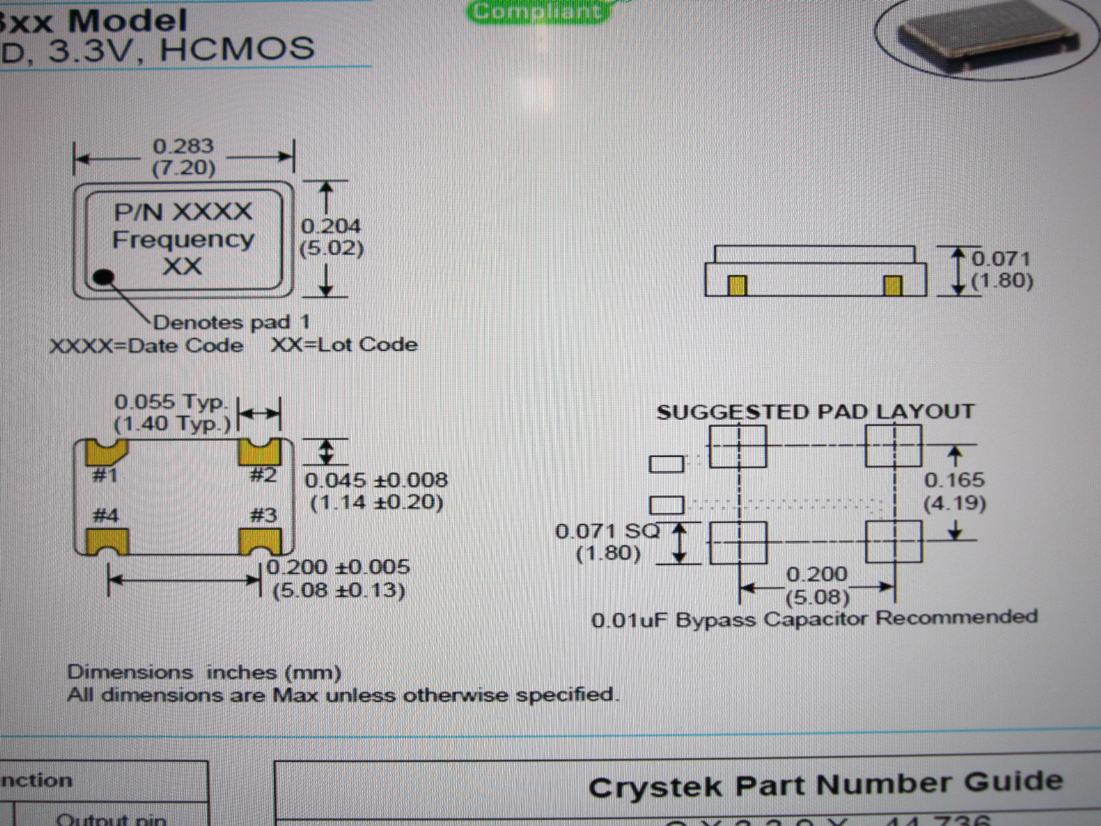 25MHz, 25.000MHz, 3.3V, HCMOS 5×7mm SMD Crystek Crystal Oscillator NOS 10pcs USA