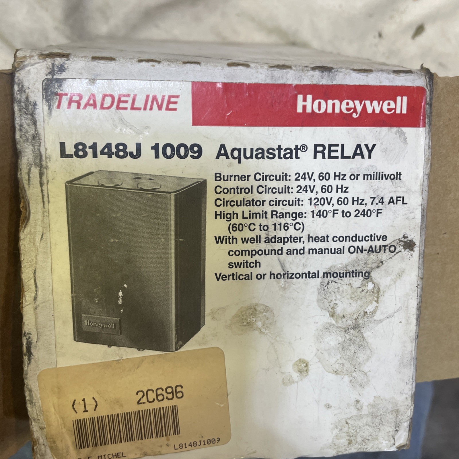 Honeywell L8148J1009 Aquastat Relay 7.4 AFL 24/120V Corded Electric