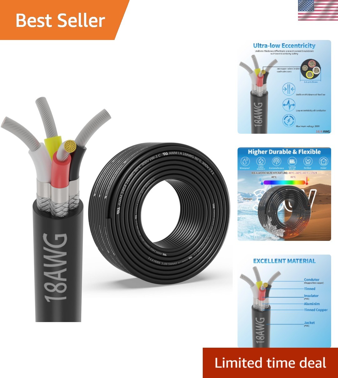 18 Gauge 4 Conductor Shielded Wire 50FT, UL2464 18 AWG 4 Shielded Cable Tinned C