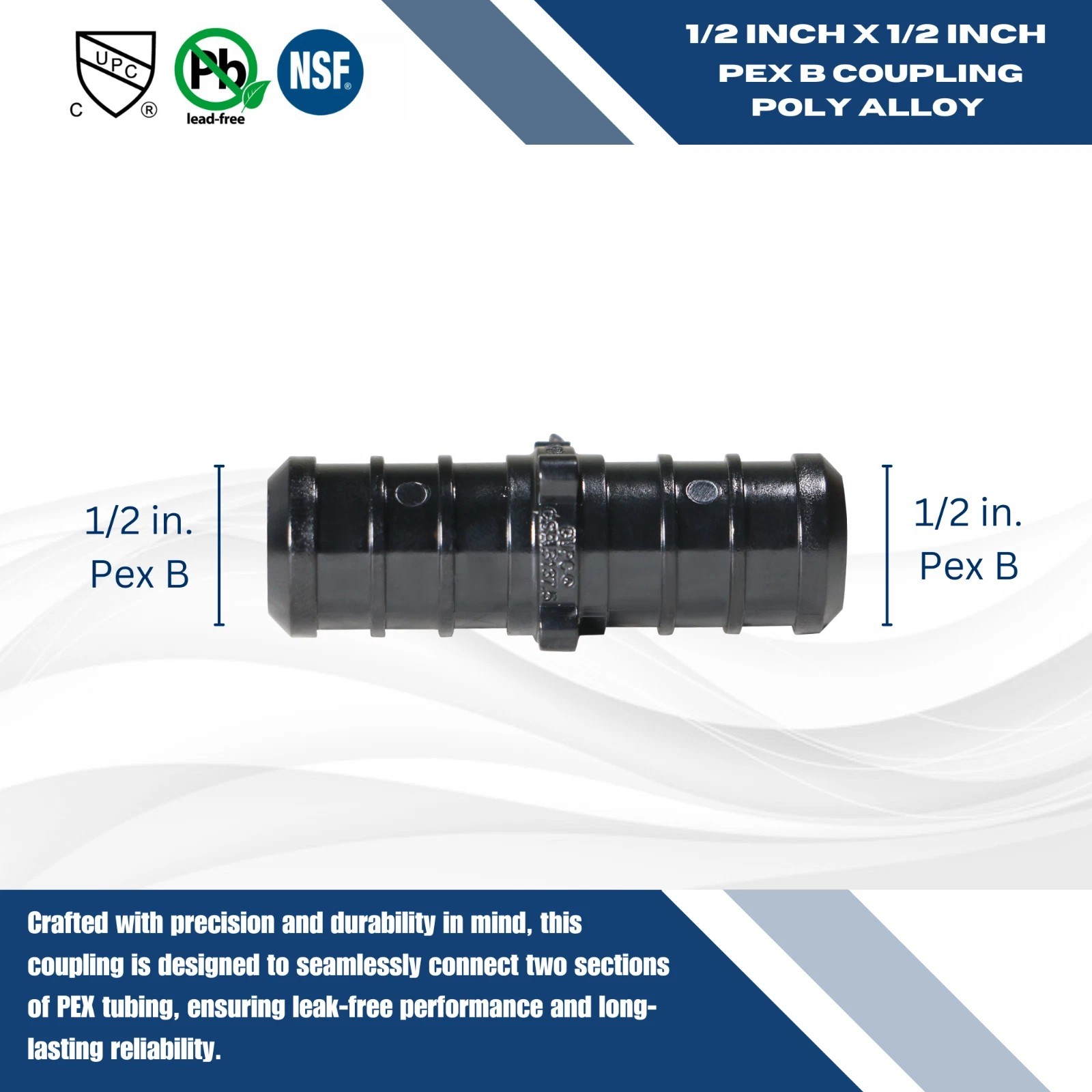 100 Pack 1/2″ PEX-B Coupling, Poly Alloy, NSF CUPC, Lead Free