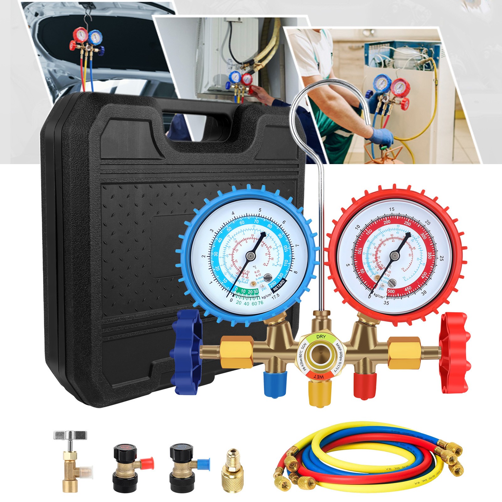 A/C Manifold Gauge Hose Tool Set R134A HVAC A/C Refrigeration Kit R12 Diagnostic