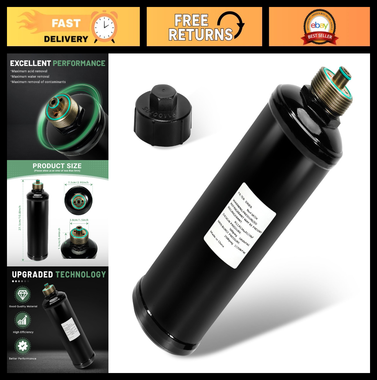 A/C Recycling Spin-On Filter-Drier for Refrigerant Recovery Machines, Fits 34724