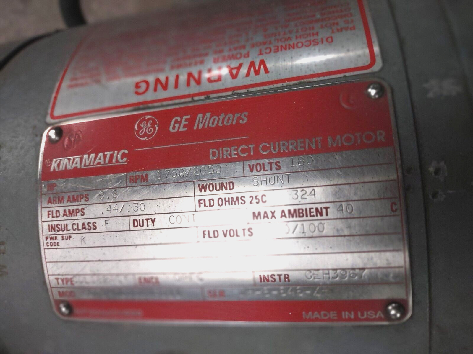 GE Kinamatic Motor 2HP, 180VDC, 1750/2050, CDL182ACY Fr., 5CD142SE011B011, Shunt