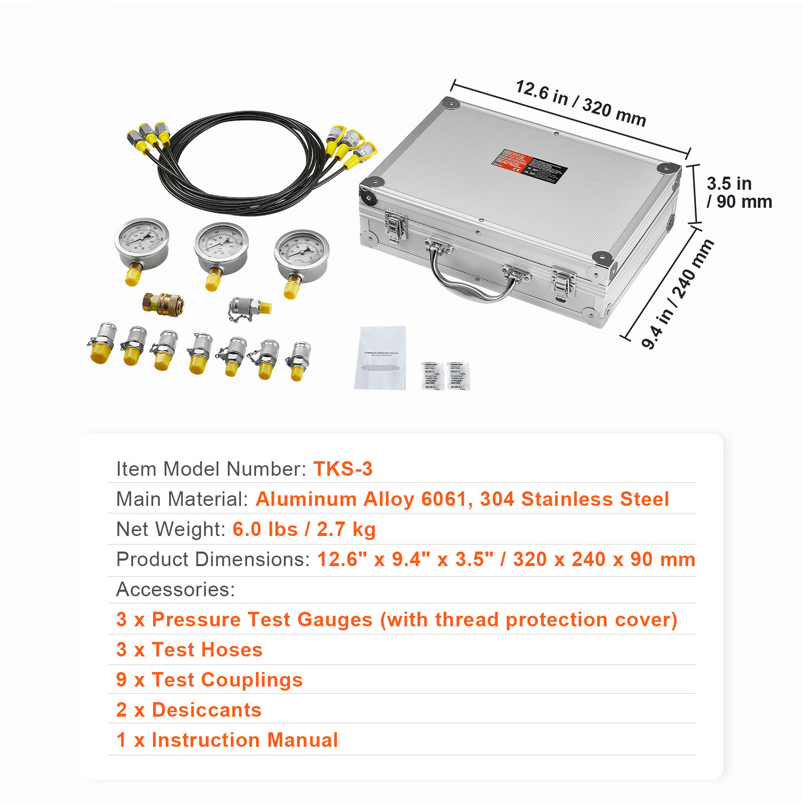 Hydraulic Pressure Test Kit 5 Gauges 13 Couplings 14 Tee Connectors 5 Hose