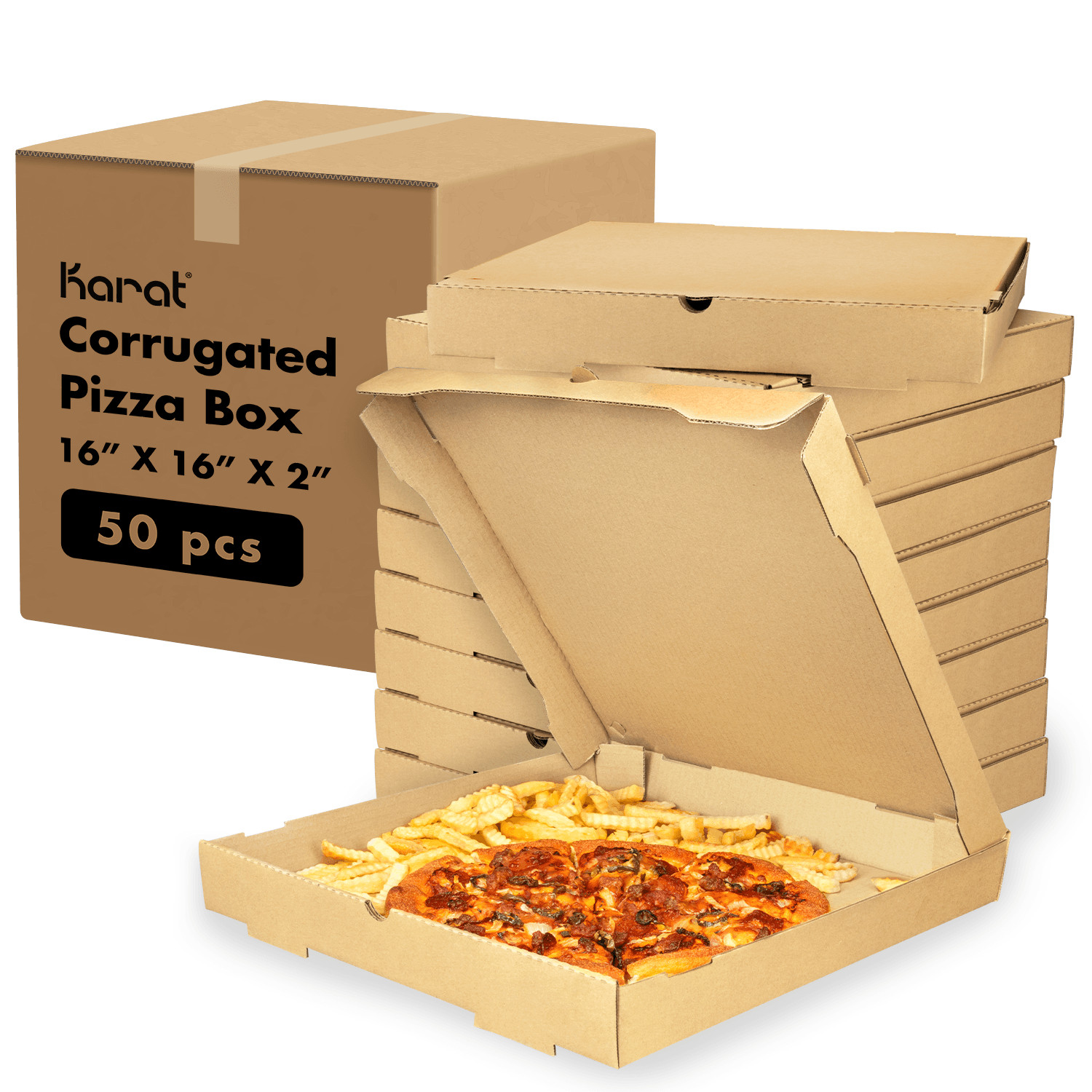 Karat Corrugated Pizza Box, 16»x16»x2», Kraft – 50 pcs, FP-PBF16K